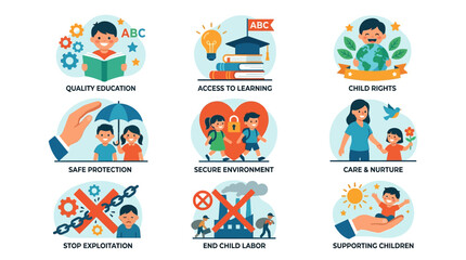 Fototapeta premium Children's Rights and Education Icons: Quality, Safety, Learning, Care, No Exploitation