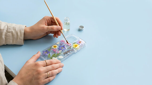 Crafting a unique clear phone case with dried flowers, adding a personal and artistic touch