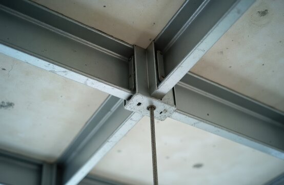 Metal ceiling frame system connects to concrete with hanger. Gypsum board mounting in new building construction, interior works. Steel profiles form framework. Building renovation detail.