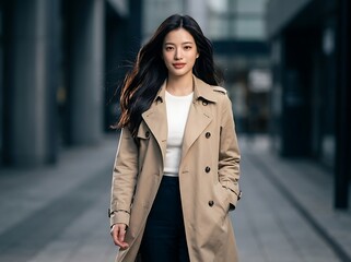 Obraz premium Stylish urban woman in chic beige trench coat and black pencil skirt confidently walking down modern city street with minimalist background showcasing contemporary Korean beauty model aesthetic