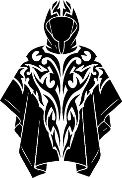 Hooded Poncho Silhouette with White Tribal Ornament Pattern