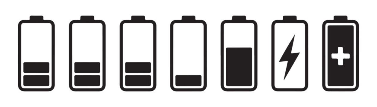 Battery charge level indicator icon set. full, medium, low, and empty battery signs. vector illustration.