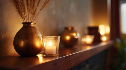 Fototapeta premium A close up view of a glass holder filled with golden straw or grass on a wooden surface creating a warm and ambient light effect
