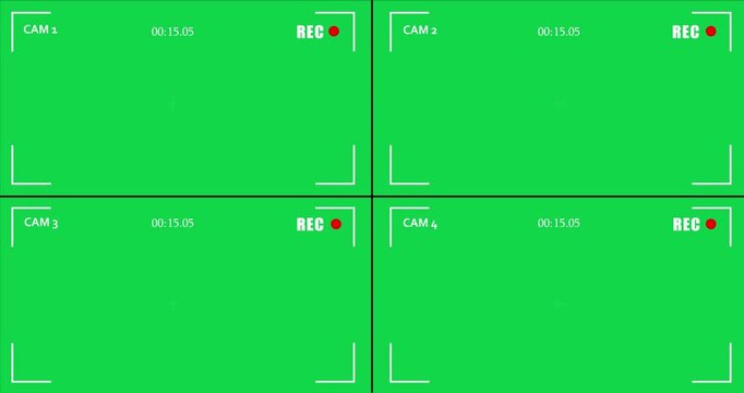 Cctv security camera four screen overlay interface with recording indicator animation. Digital ideal for crime thrillers, security concepts and suspenseful