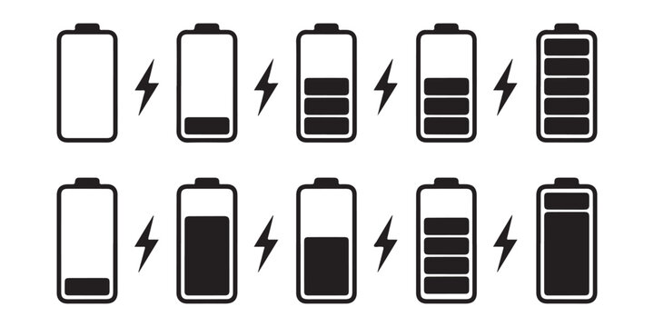 Diverse battery charge status icons showing energy levels from low to high with lightning bolt for charging.