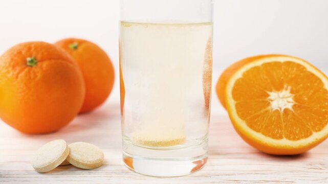 Effervescent Vitamin C Tablet Dissolving in Water with Orange