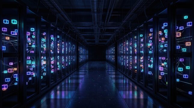 Futuristic Server Room with Glowing Data and Digital Information Flow.