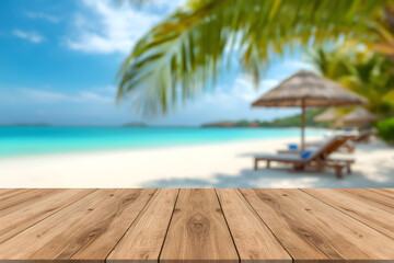 Fototapeta premium Wooden tabletop with blurred tropical beach background