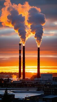 Industrial Sunset Symphony: Towering smokestacks pierce the vibrant sunset sky, releasing plumes of white smoke that mingle with the warm hues of dawn or dusk.