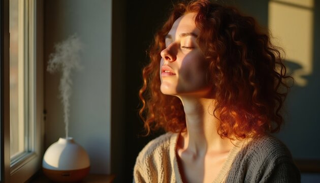 Woman breathes deeply near humidifier releasing mist. Sunlight illuminates her face as she relaxes indoors. She enjoys quiet time and wellness at home.