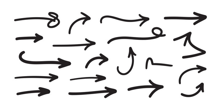 Hand drawn ink arrow sketches collection with messy lines and expressive strokes for creative artistic layout.
