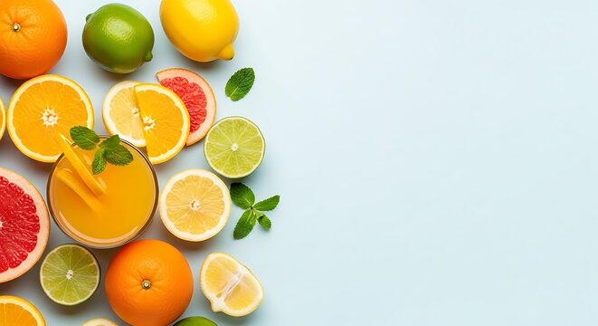Fresh assorted citrus fruits and glass of orange juice with copy space
