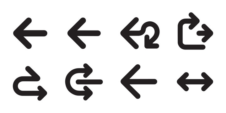 A concise set of black vector arrows featuring leftward, curved, entry, and bidirectional designs on transparency.
