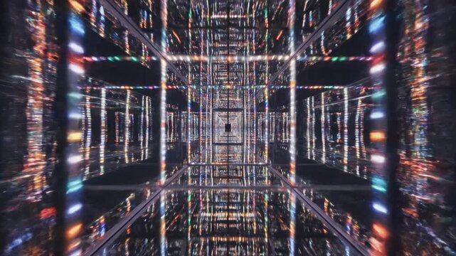 Fast Hyperlapse through Infinity Mirror Tunnel of Multicolored LED Lights