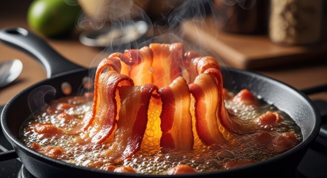 Extreme Macro View of Crispy Bacon Sizzling in a Pan, Capturing Delicious Cooking Details
