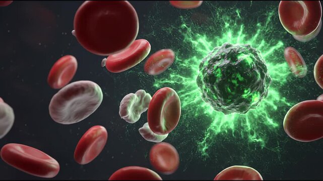 Malignant cancer cell launch attack on blood cell in flow