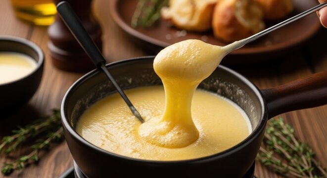 Extremely close-up view of molten cheese fondue with a spoon lifting a gooey portion, a gourmet food dish for sharing.