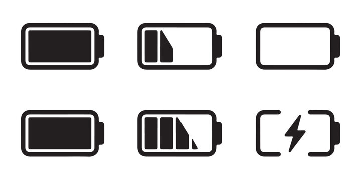 Battery charge level status indicator icons set for digital interface and energy monitoring applications.