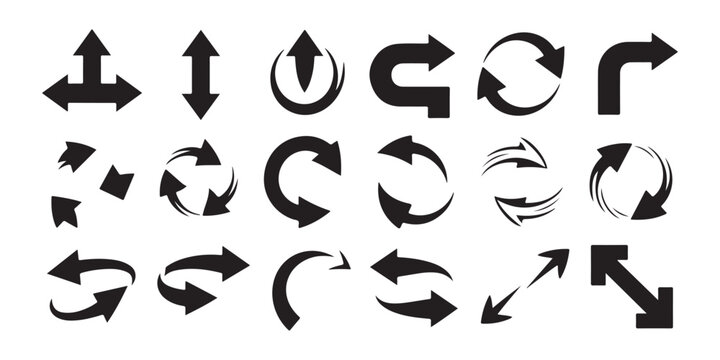 Black arrow icon pack isolated on transparent background for ui design web navigation and mobile development.