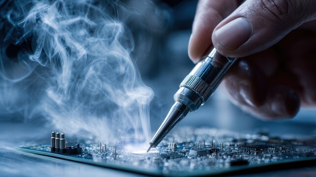 Closeup hands soldering tiny mobile PCB component, technician performing smartphone board repair with steady iron tip and delicate placement, smoke and workshop bokeh, handson service environment