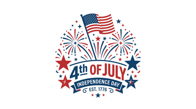 Patriotic 4th of July badge with flag and fireworks.