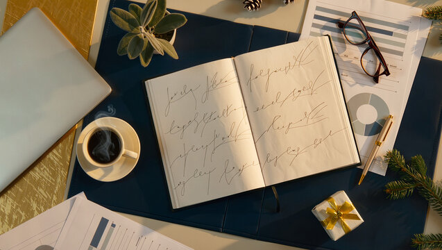 Elegant year end executive planning flat lay with open journal handwritten notes espresso cup laptop business charts gold pen and pine sprigs on navy blue desk business workspace business