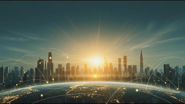Smart digital Innovation city with connection network reciprocity over the twilight cityscape. of future smart wireless digital city and social media networking systems that connects people with city