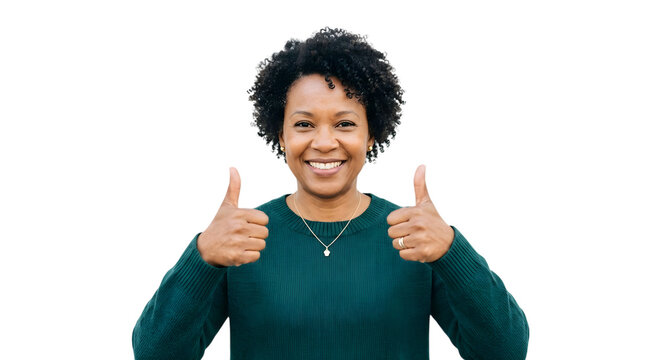 A smiling black woman giving two thumbs up on transparent background