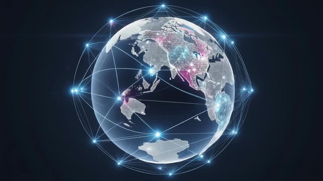 Rotating digital globe with glowing network lines and nodes connecting global continents technology visualization