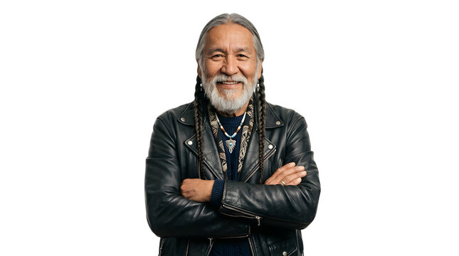 A smiling older man with dreadlocks and a leather jacket standing confidently on transparent background