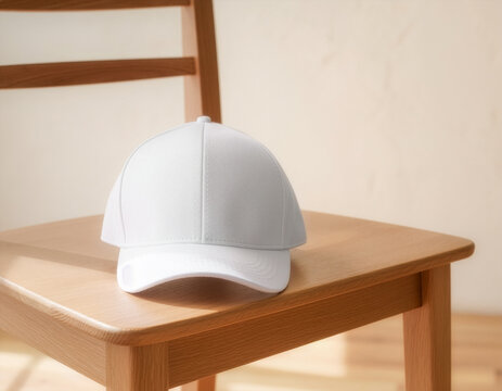 White baseball cap mockup template on wooden chair with warm minimal background