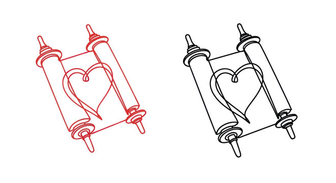 Torah Scroll with Heart Symbol, Red and Black Line Art, Religious Concept