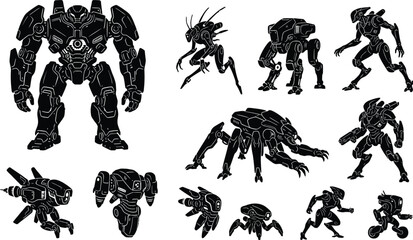 Futuristic mecha robot and alien cyborg warriors silhouette collection, sci-fi mechanical monster drone set © Asaduzzaman