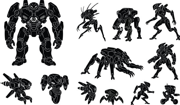 Futuristic mecha robot and alien cyborg warriors silhouette collection, sci-fi mechanical monster drone set