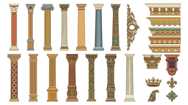 Architectural columns and decorative ornaments vector illustration