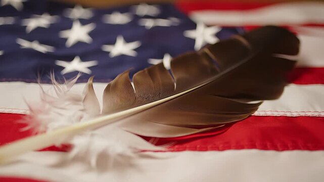 A close-up shot of a dark brown bald eagle feather with white down resting on a blurred American flag, representating Memorial Day, Veteran's Day, 4th of July, or other patriotic USA holiday.