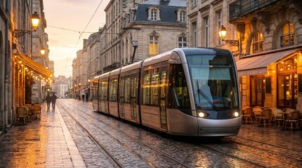 Fototapeta premium Modern Tram Passing Through a European City Street