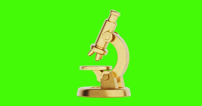 4k Resolution Video: Science And Education Concept With Cartoon Microscope Icon. Golden Stylized Microscope Seamless Looped Rotating On Green Screen Chroma Key Background With Alpha Matte