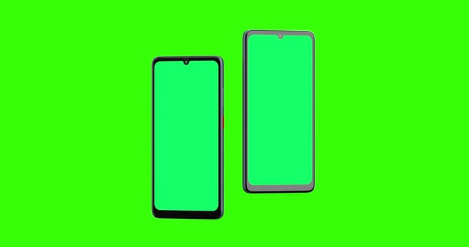 4k Resolution Video: Mobile Technology And Digital Interface Concept. Two Floating Smartphone Devices With Green Chroma Screen Mockup Animated Moving on Green Screen Chroma Key Background 