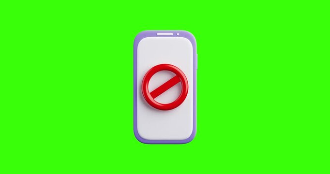 4k Resolution Video: Digital Restriction And Smartphone Ban Concept. Modern Mobile Phone With Red Prohibition Symbol On Screen Seamless Looped Animating On Green Screen Chroma Key Background 