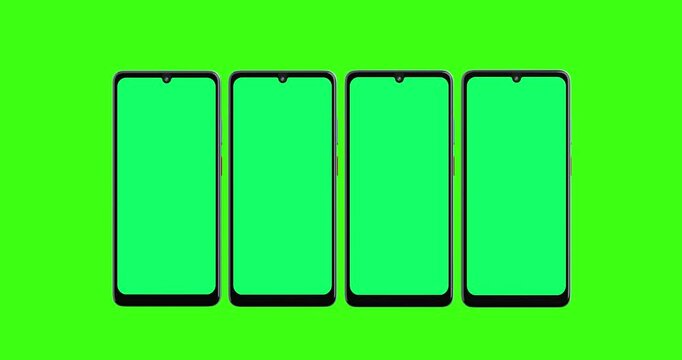 4k Resolution Video: Mobile Technology And App Presentation Concept. Four Smartphone Devices With Green Chroma Screen Mockup Animated Moving on  Green Screen Chroma Key Background With Alpha Matte