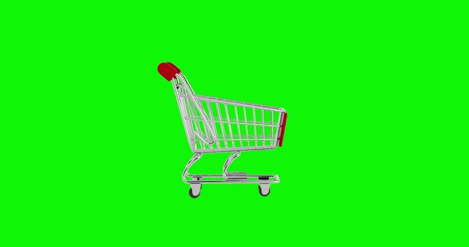 4k Resolution Video: Concept Of Shopping And Consumerism. Minimal Metal Shopping Cart With Red Handle Animated Moving On Green Screen Chroma Key Background With Alpha Matte