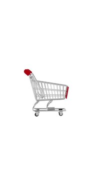 4k Resolution Vertical Video for Social Media: Concept Of Shopping And Consumerism. Minimal Metal Shopping Cart With Red Handle Animated Moving On White Background With Alpha Matte