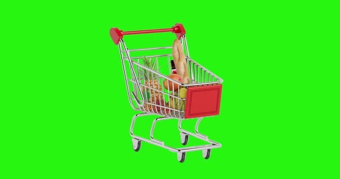 4k Resolution Video: Grocery Shopping And Food Purchase Concept With Full Cart. Supermarket Trolley Animated Loaded With Fresh Fruits Bread And Milk On Green Screen Chroma Key Background 
