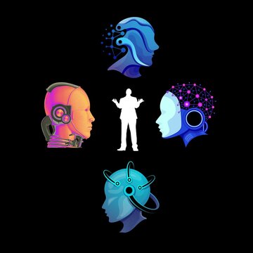 Illustration of Ai and robots showing a puzzled person having the concerns regarding their future.