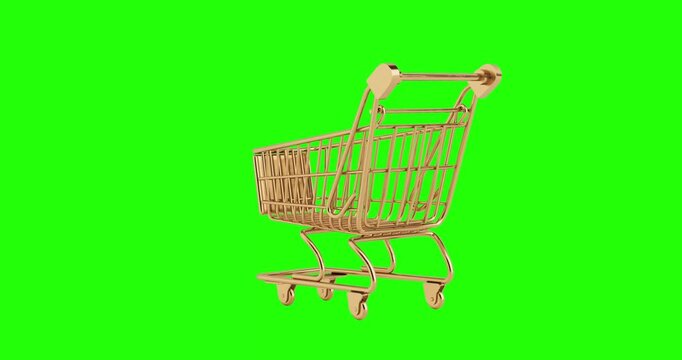 4k Resolution Video: Luxury Shopping Concept With Golden Cart. Minimal Metallic Supermarket Trolley Seamless Looped Rotating On Green Screen Chroma Key Background With Alpha Matte
