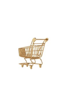 4k Resolution Vertical Video for Social Media:  Luxury Shopping Concept With Golden Cart. Minimal Metallic Supermarket Trolley Seamless Looped Rotating On White Background With Alpha Matte