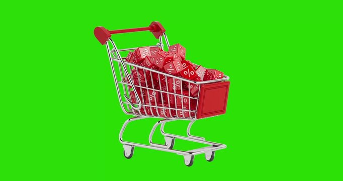 4k Resolution Video: Shopping And Discount Concept. Shopping Cart Symbolizing Sale And Promotion Filled With Falling Red Percent Cubes On Green Screen Chroma Key Background With Alpha Matte