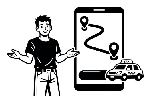 Man presenting a ride-hailing app on a smartphone, showing navigation with route, pick-up, drop-off pins, and a taxi icon