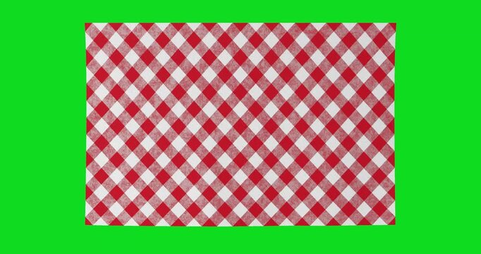 4k Resolution Video: Picnic And Rustic Dining Concept. Red And White Checkered Cloth Fabric Mockup Unrolled Animated On Green Screen Chroma Key Background With Alpha Matte